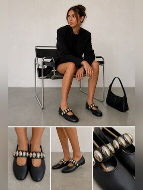Black Stud Editorial Mary Jane’s flat Chunky Silver Hardware Minimalist Shoe